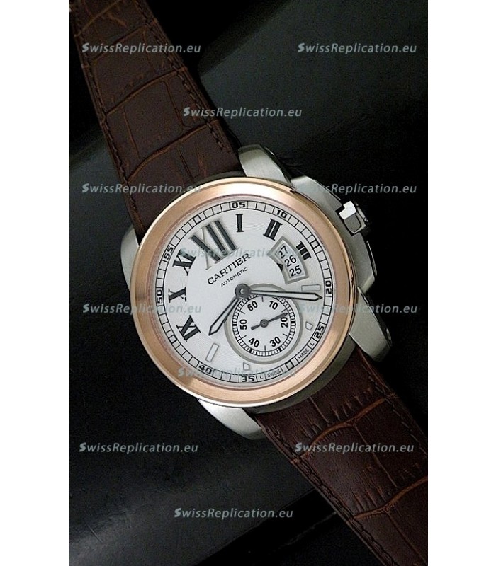 Cartier Calibre de Japanese Replica Steel Watch in Brown Leather Strap