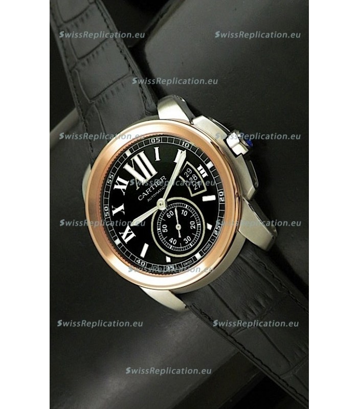 Cartier Calibre de Japanese Replica Rose Gold Watch in Leather Strap