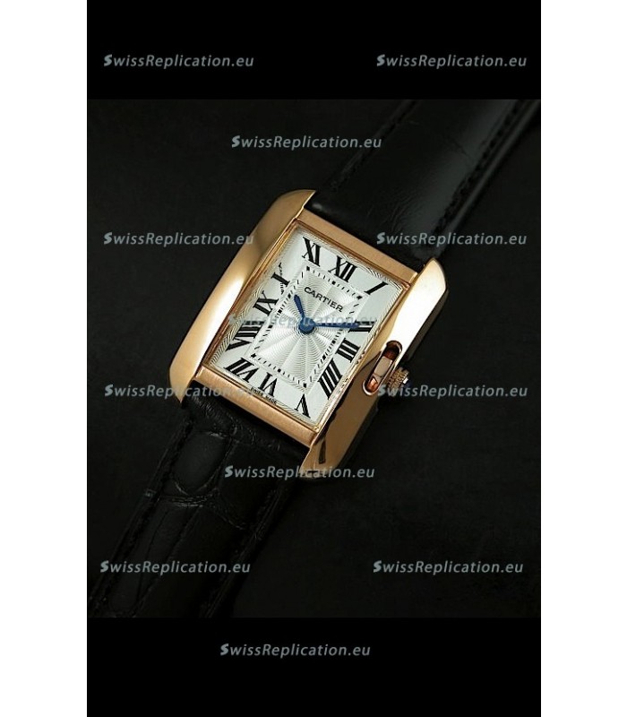 Cartier Louis Japanese Replica Ladies Rose Gold Watch in Black Strap