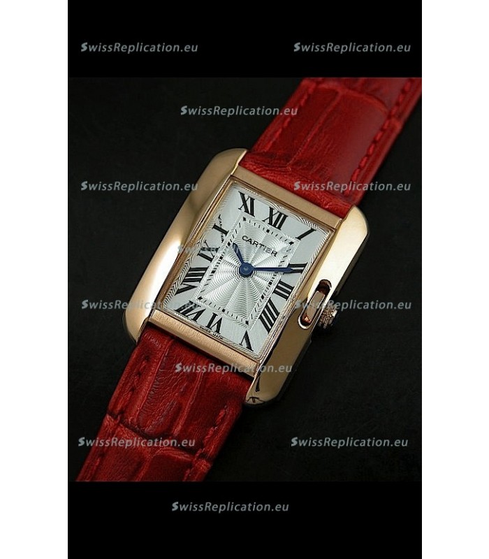 Cartier Louis Japanese Replica Ladies Rose Gold Watch in Red Strap