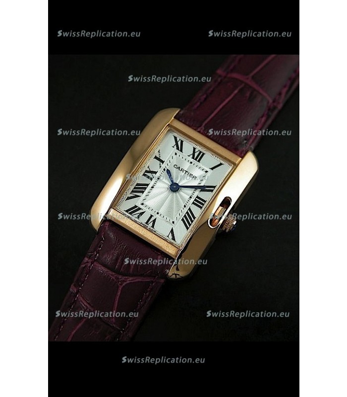Cartier Louis Japanese Replica Ladies Rose Gold Watch in Red Wine Strap