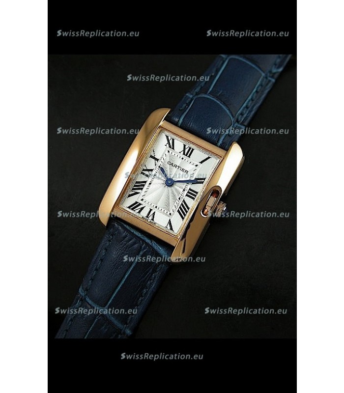 Cartier Louis Japanese Replica Ladies Rose Gold Watch in Blue Strap