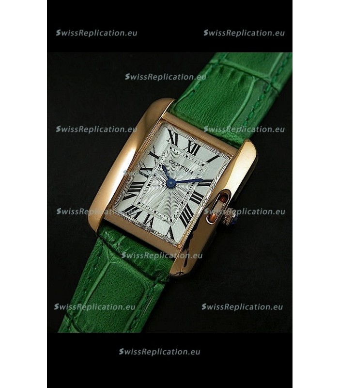 Cartier Louis Japanese Replica Ladies Rose Gold Watch in Green Strap