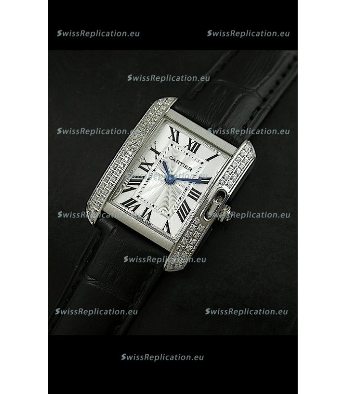 Cartier Louis Japanese Replica Ladies Diamond Watch in Black Strap