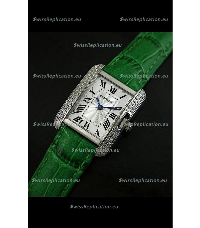 Cartier Louis Japanese Replica Ladies Diamond Watch in Green Strap