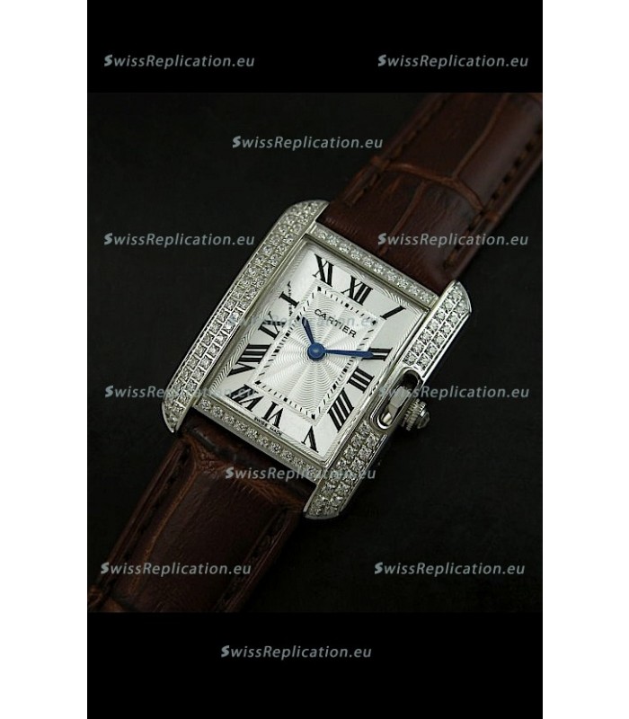 Cartier Louis Japanese Replica Ladies Diamond Watch in Brown Strap