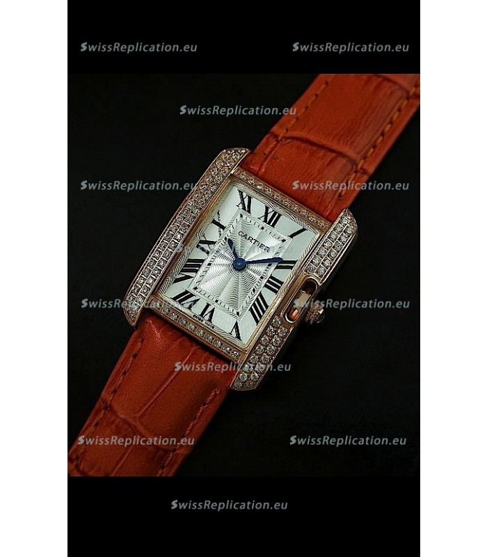Cartier Louis Japanese Replica Ladies Rose Gold Diamond Watch in Orange Strap