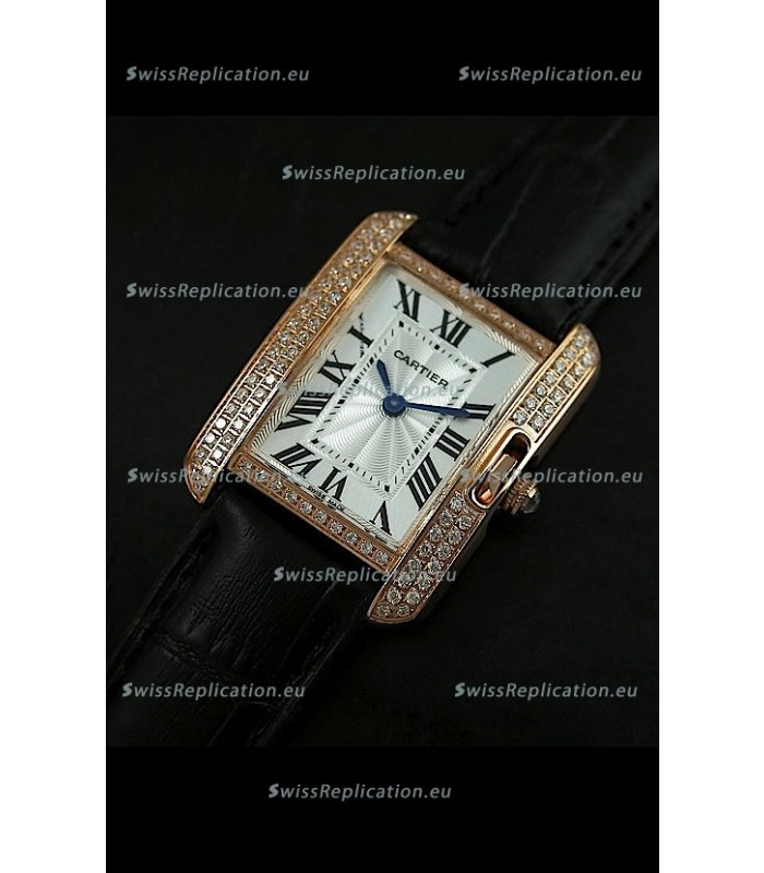 Cartier Louis Japanese Replica Ladies Rose Gold Diamond Watch in Black Strap