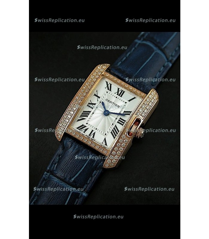 Cartier Louis Japanese Replica Ladies Rose Gold Diamond Watch in Blue Strap
