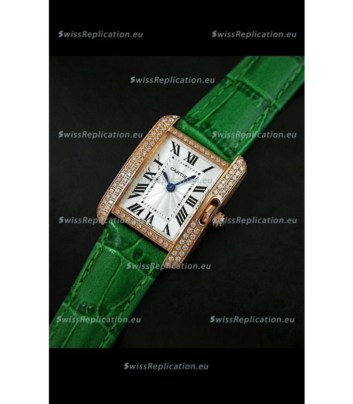 Cartier Louis Japanese Replica Ladies Rose Gold Diamond Watch in Green Strap