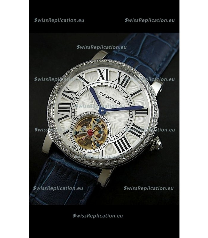 Cartier Ronde de Tourbillon Japanese Replica Diamond Watch in Blue Strap