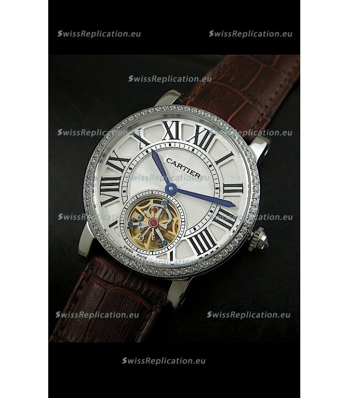 Cartier Ronde de Tourbillon Japanese Replica Diamond Watch in Brown Strap