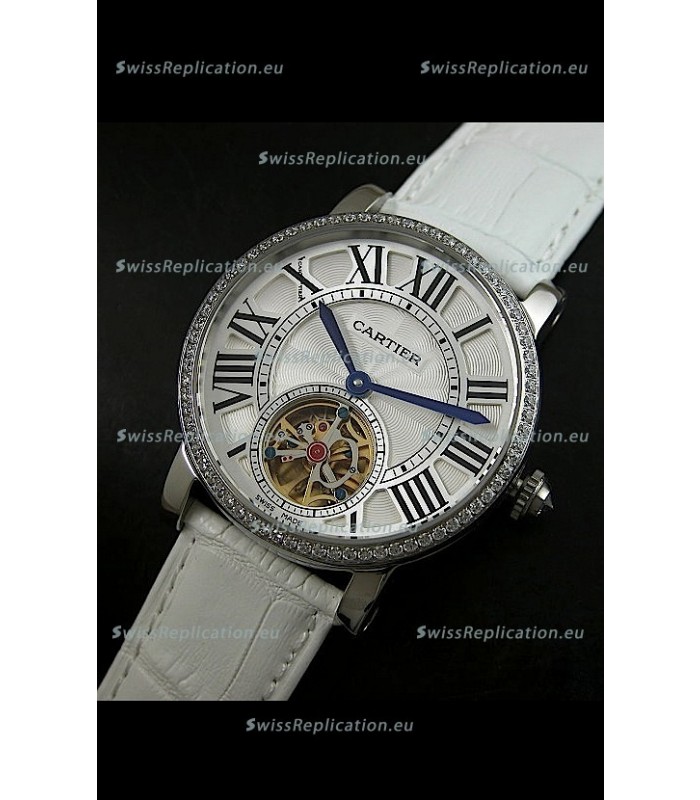 Cartier Ronde de Tourbillon Japanese Replica Diamond Watch in White Strap