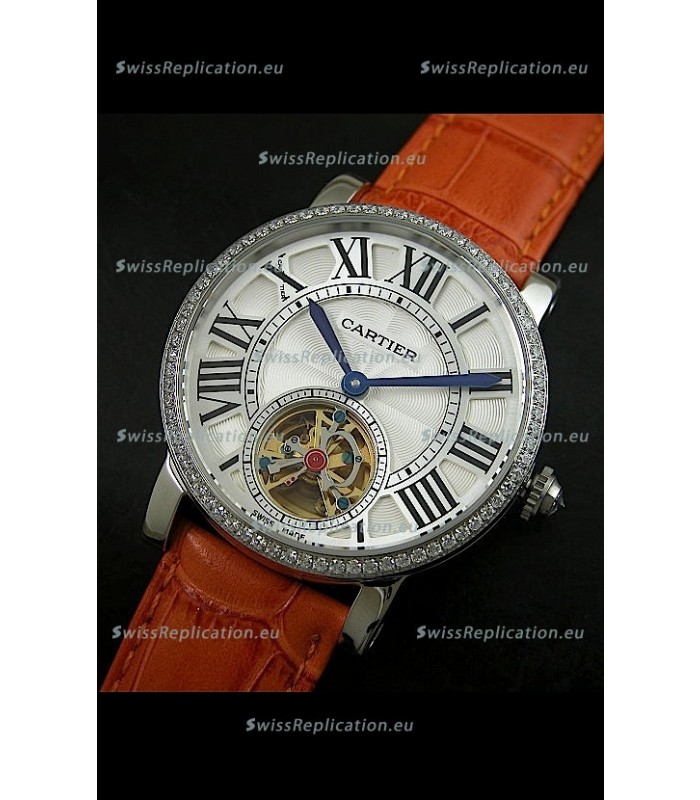 Cartier Ronde de Tourbillon Japanese Replica Diamond Watch in Brown Strap