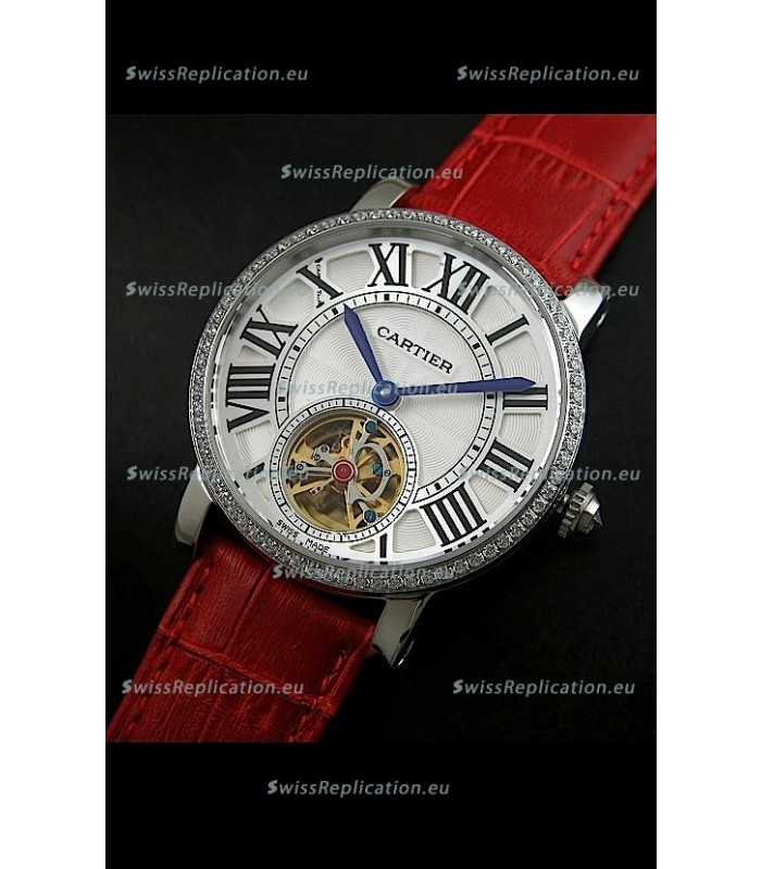 Cartier Ronde de Tourbillon Japanese Replica Diamond Watch in Red Strap