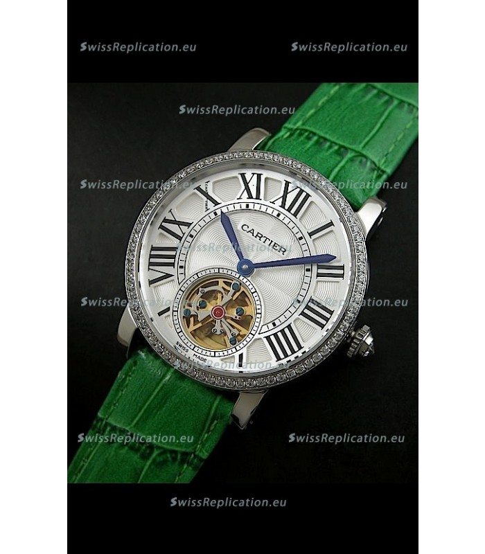 Cartier Ronde de Tourbillon Japanese Replica Diamond Watch in Green Strap