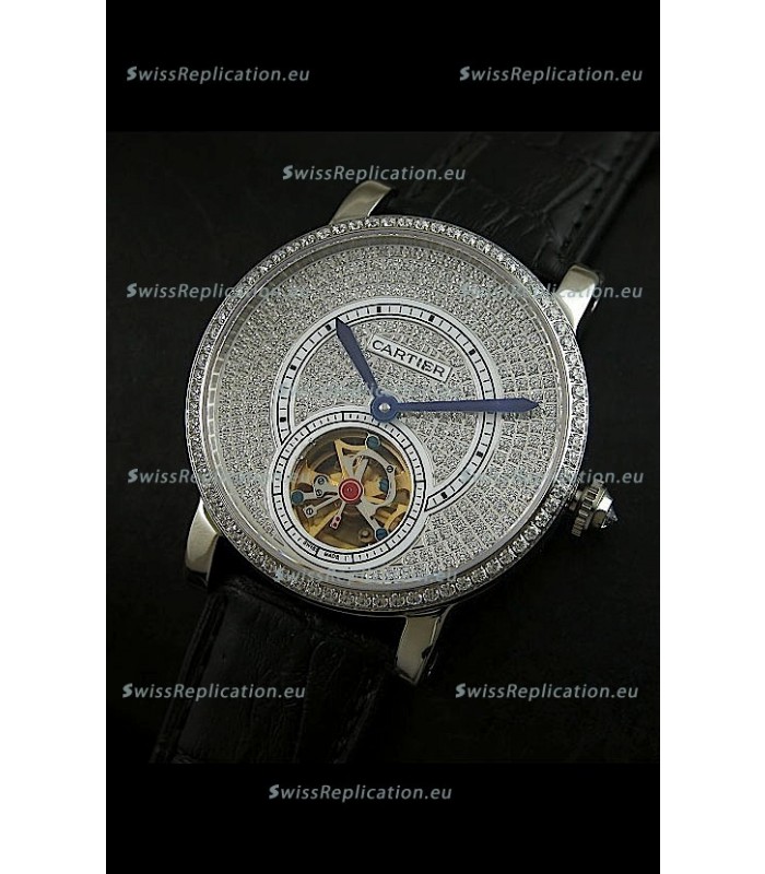 Cartier Ronde de Tourbillon Japanese Replica Diamond Watch in Black Strap
