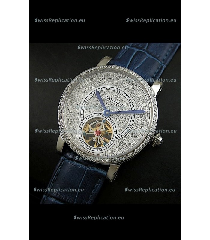 Cartier Ronde de Tourbillon Japanese Replica Diamond Watch in Blue Strap
