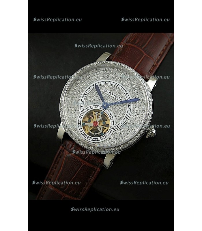 Cartier Ronde de Tourbillon Japanese Replica Diamond Watch in Brown Strap