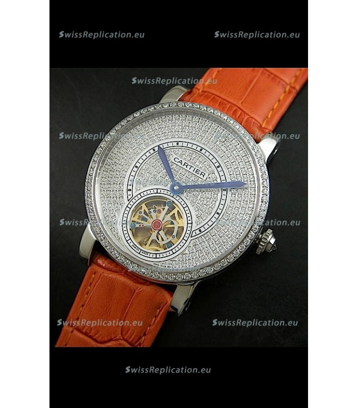 Cartier Ronde de Tourbillon Japanese Replica Diamond Watch in Orange Strap