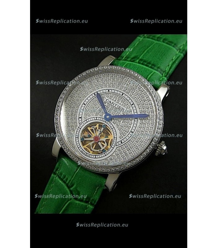 Cartier Ronde de Tourbillon Japanese Replica Diamond Watch in Green Strap