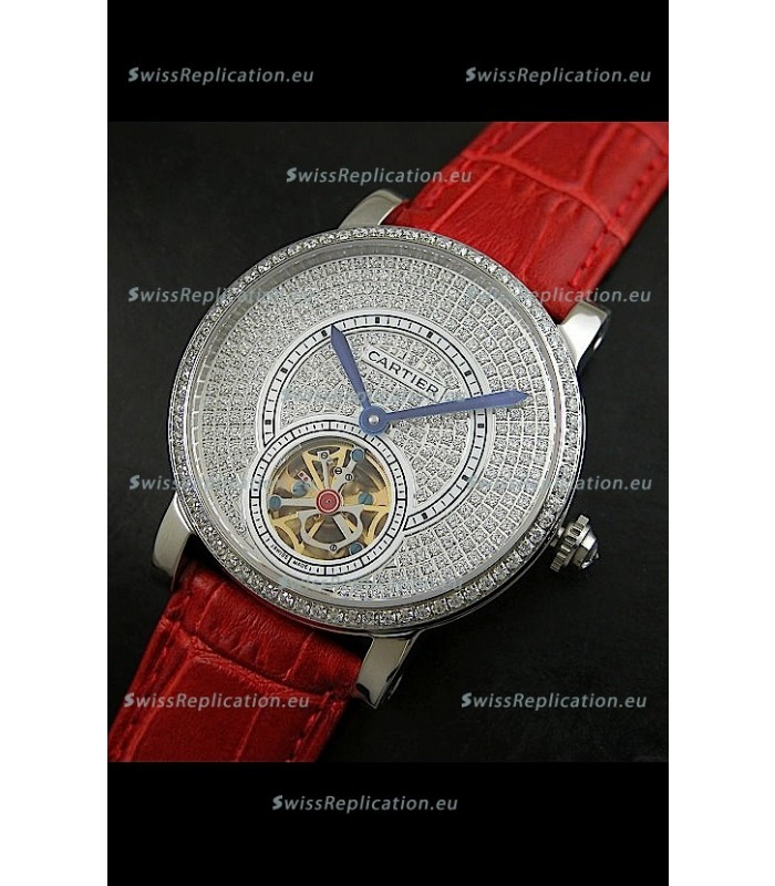 Cartier Ronde de Tourbillon Japanese Replica Diamond Watch in Red Strap