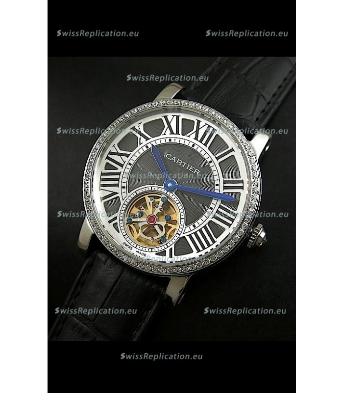 Cartier Ronde de Tourbillon Japanese Replica Diamond Watch in Black Dial