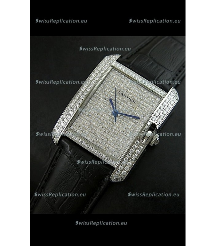 Cartier Tank Anglaise Ladies Replica Watch in Steel/Black Strap