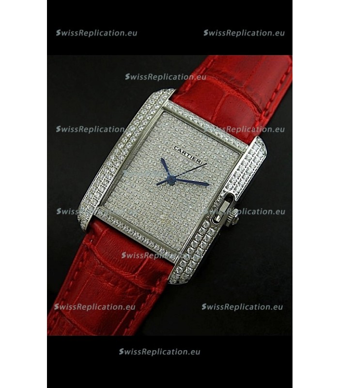 Cartier Tank Anglaise Ladies Replica Watch in Steel/Red Strap