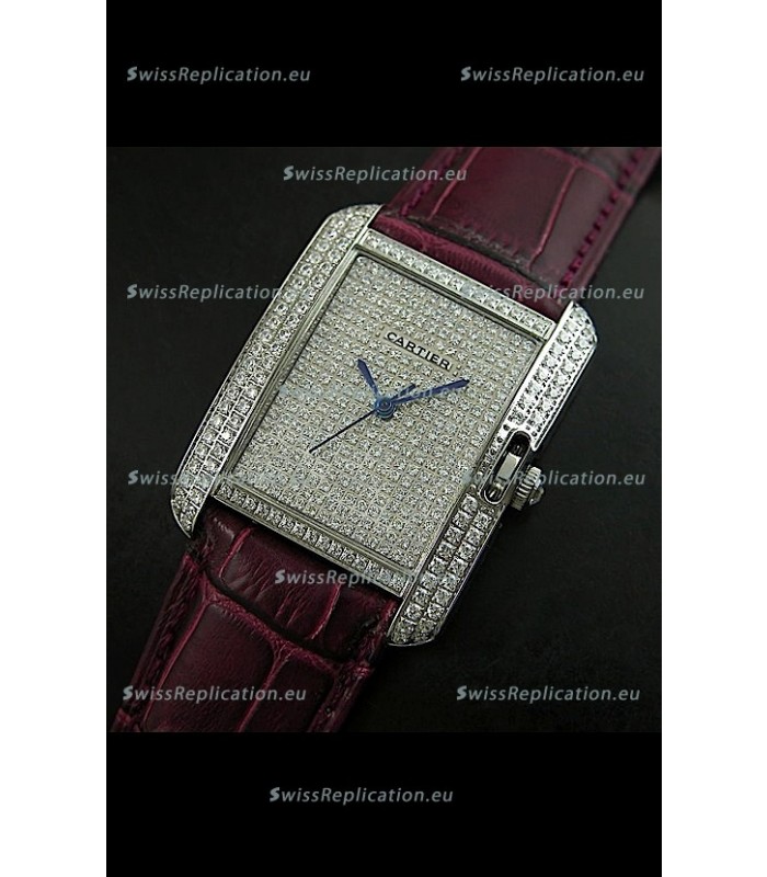 Cartier Tank Anglaise Ladies Replica Watch in Steel/Maroon Strap