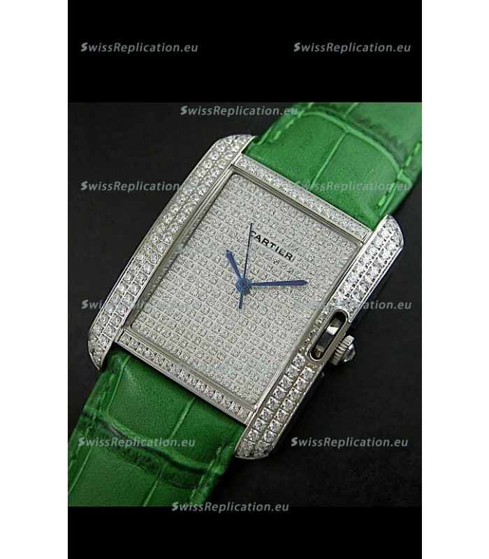 Cartier Tank Anglaise Ladies Replica Watch in Steel/Green Strap