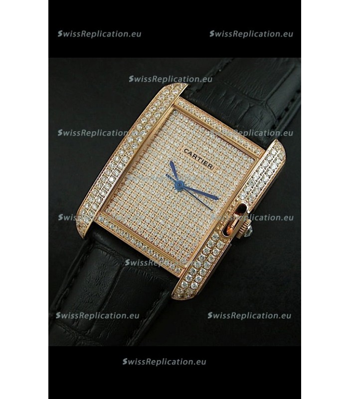 Cartier Tank Anglaise Ladies Replica Watch in Gold Case/Black Strap