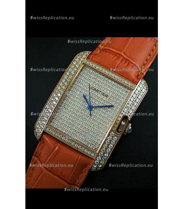 Cartier Tank Anglaise Ladies Replica Watch in Gold Case/Brown Strap