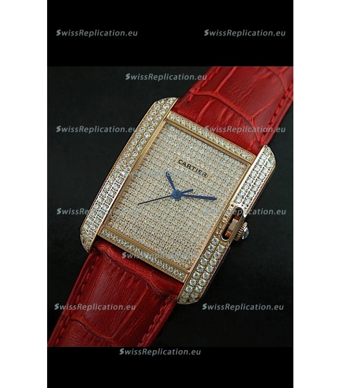 Cartier Tank Anglaise Ladies Replica Watch in Gold Case/Red Strap