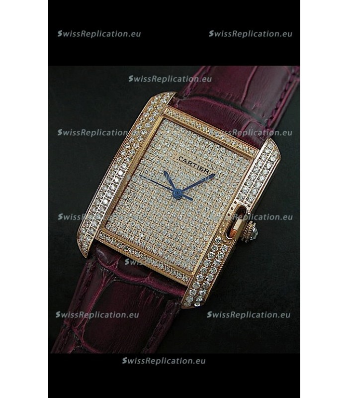 Cartier Tank Anglaise Ladies Replica Watch in Gold Case/Maroon Strap