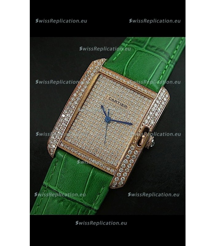 Cartier Tank Anglaise Ladies Replica Watch in Gold Case/Green Strap