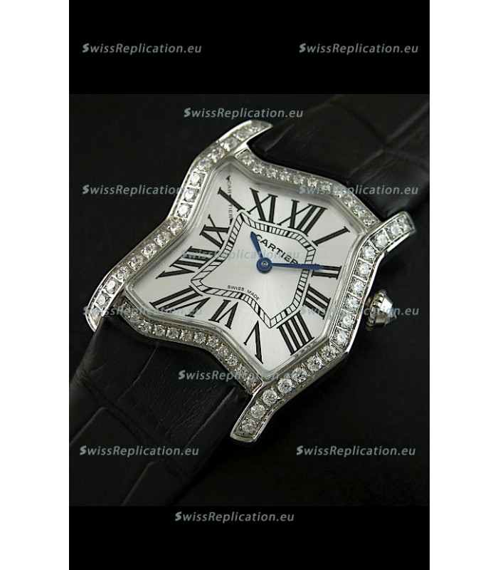 Cartier Tank Folle Ladies Replica Watch in Steel Case/Black Strap