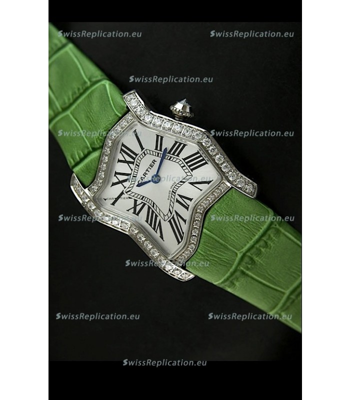 Cartier Tank Folle Ladies Replica Watch in Steel Case/Green Strap
