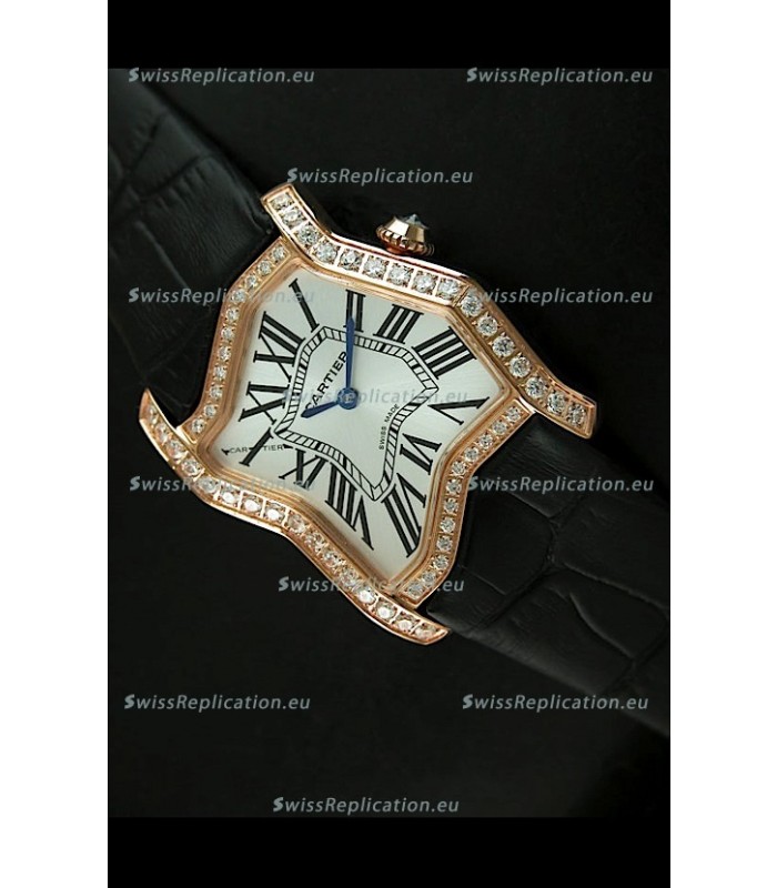 Cartier Tank Folle Ladies Replica Watch in Yellow Gold Case/Black Strap