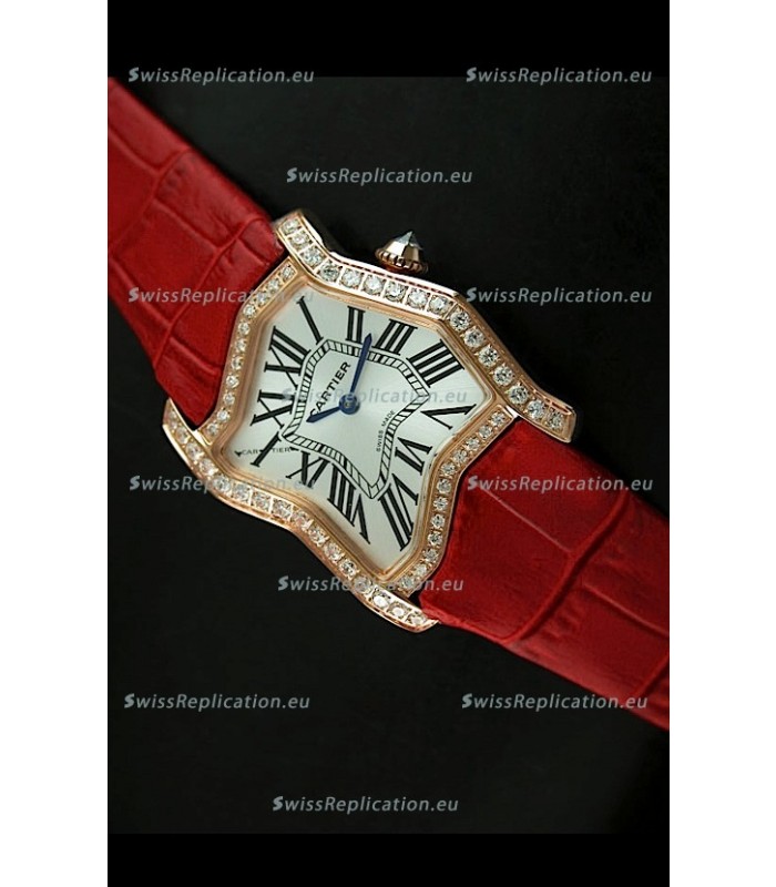 Cartier Tank Folle Ladies Replica Watch in Yellow Gold Case/Red Strap