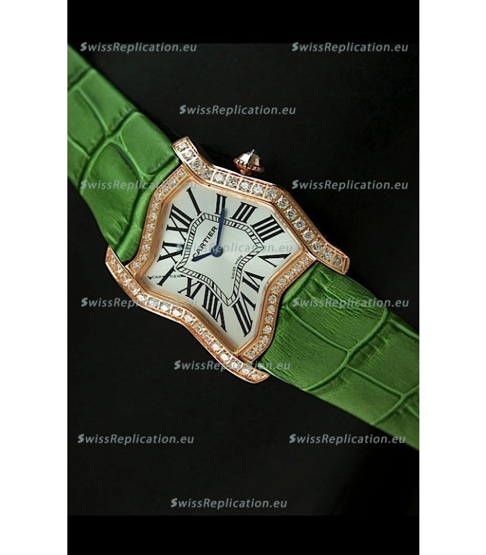 Cartier Tank Folle Ladies Replica Watch in Yellow Gold Case/Green Strap