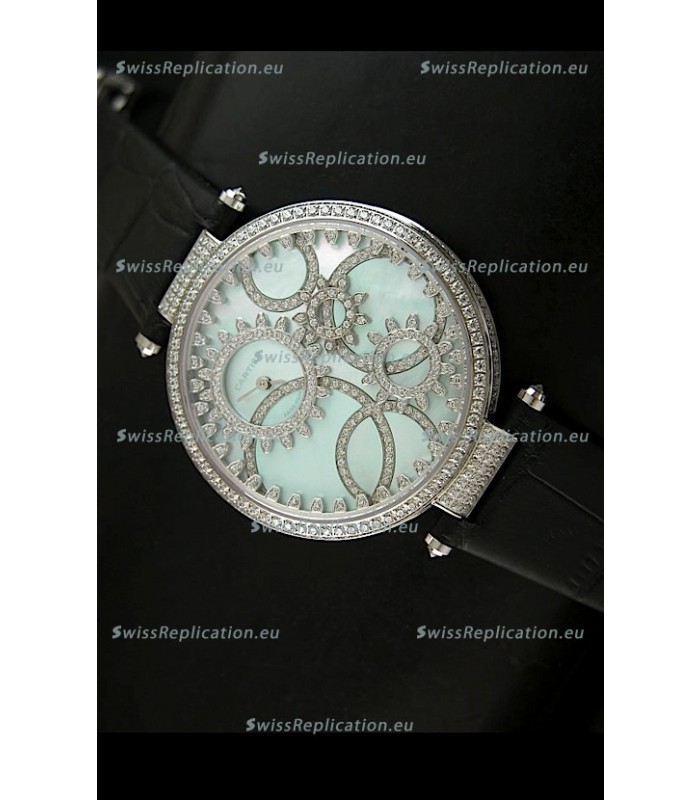 Cartier Replica Watch with Diamonds Embedded Dial Bezel in Steel Case/Black Strap