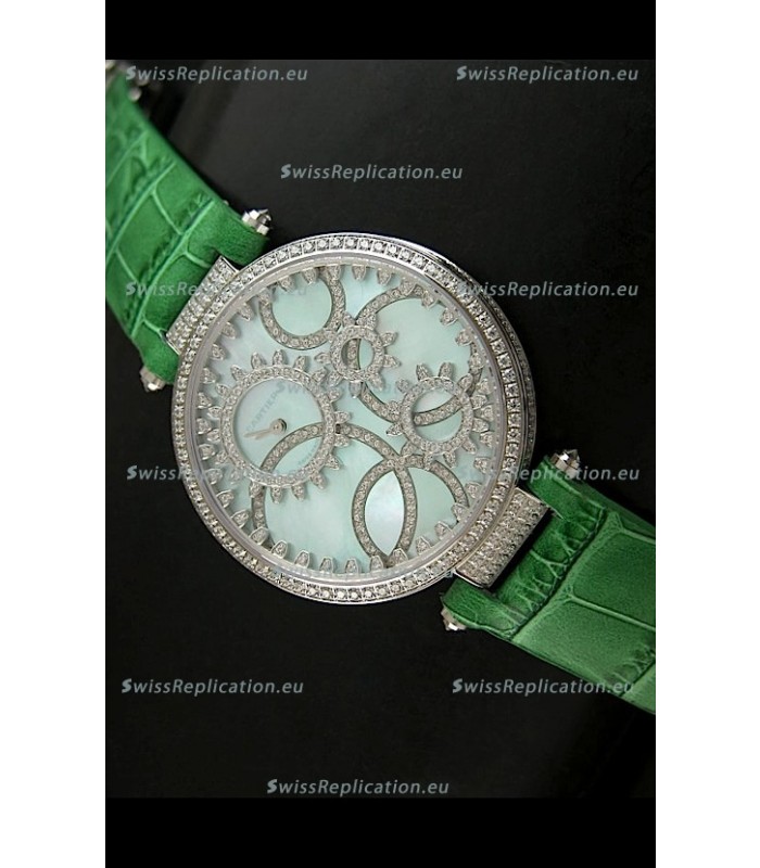 Cartier Replica Watch with Diamonds Embedded Dial Bezel in Steel Case/Green Strap