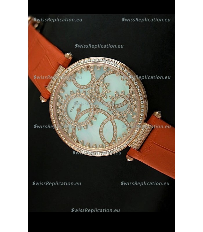 Cartier Replica Watch with Diamonds Embedded Dial Bezel in Gold Case/Orange Strap