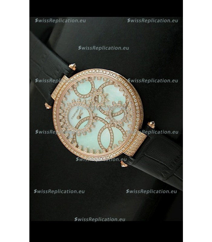 Cartier Replica Watch with Diamonds Embedded Dial Bezel in Gold Case/Black Strap