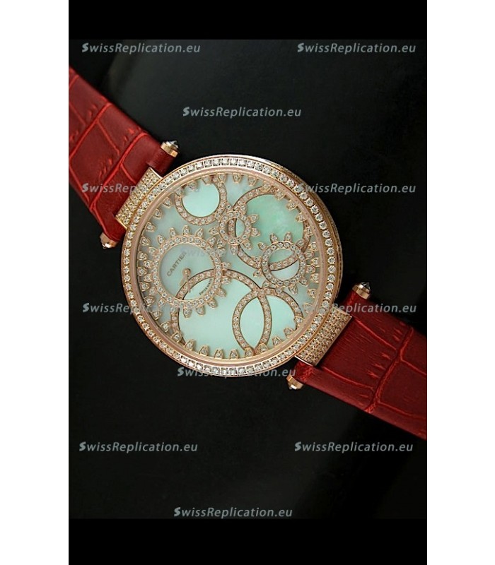 Cartier Replica Watch with Diamonds Embedded Dial Bezel in Gold Case/Brown Strap