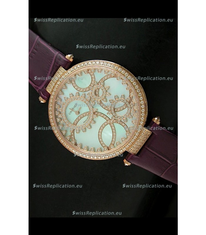 Cartier Replica Watch with Diamonds Embedded Dial Bezel in Gold Case/Maroon Strap