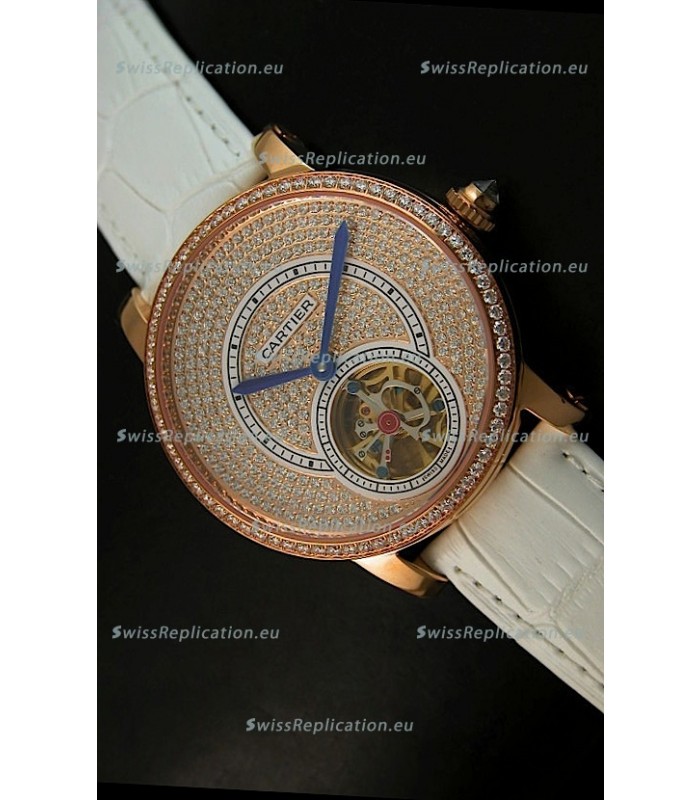 Ronde De Cartier Tourbillon Replica Watch Pink Gold Case - White Strap