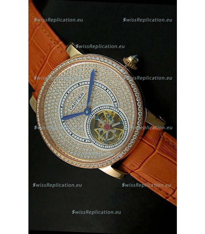 Ronde De Cartier Tourbillon Replica Watch Pink Gold Case - Brown Strap