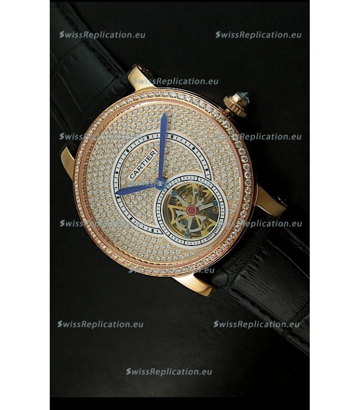 Ronde De Cartier Tourbillon Replica Watch Pink Gold Case - Black Strap